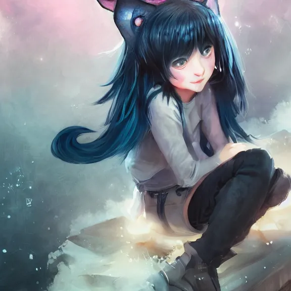 Prompt: emo boy with cat ears and tail, full body, blushing, happy, short smile, hair covering eyes, cinematic lightning, highly detailed, very very very beautiful, trending on Artstation, Unreal Engine 4k, watercolour, pastel, cinematic wallpaper by Stanley Artgerm Lau, WLOP, Rossdraws.