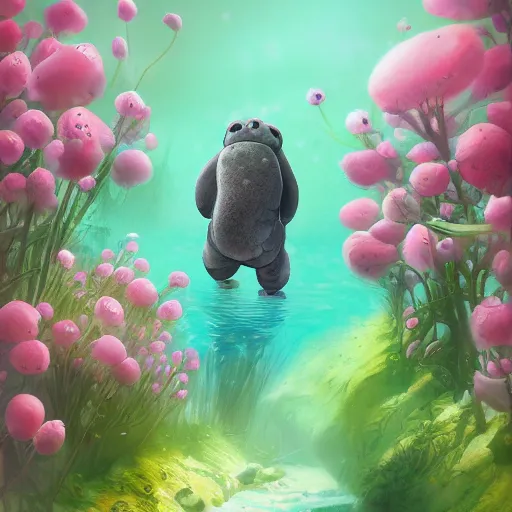 Image similar to Water bears walking in the flowers, artstation, professional