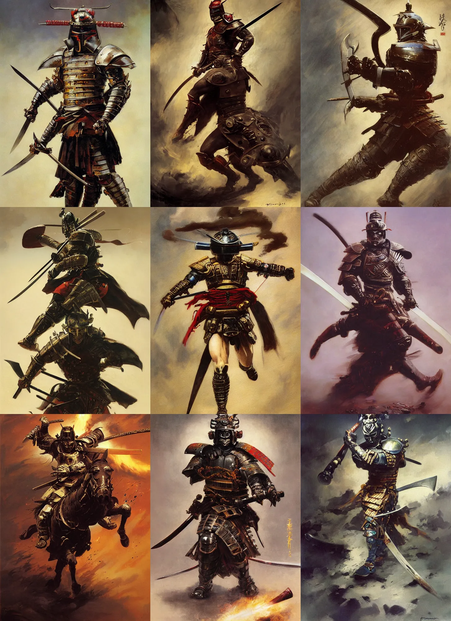 Prompt: A full portrait oil painting of a helmeted and masked Samurai holding a katana above his head an running into battle, japanese godof war armor, by Frank Frazetta, Greg Rutkowski, Boris Vallejo, epic fantasy character art, Exquisite detail, post-processing, low angle, masterpiece, cinematic, lightning