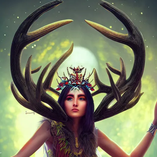 Prompt: highly detailed full body portrait of Artemis, goddess of the hunt and the moon, wearing a crown made of antlers, cinematic lightning, bright colors, intricate, masterpiece, photorealistic, hiperrealistic, sharp focus, high contrast, Artstation HQ, DeviantArt trending, 4k UHD, Unreal Engine 5