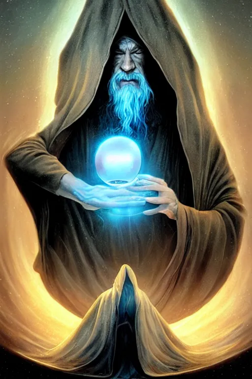 Image similar to gandalf the wizard in a hooded cloak gazing into a crystal ball, high details, intricately detailed, by vincent di fate, artgerm julie bell beeple, inking, screen print