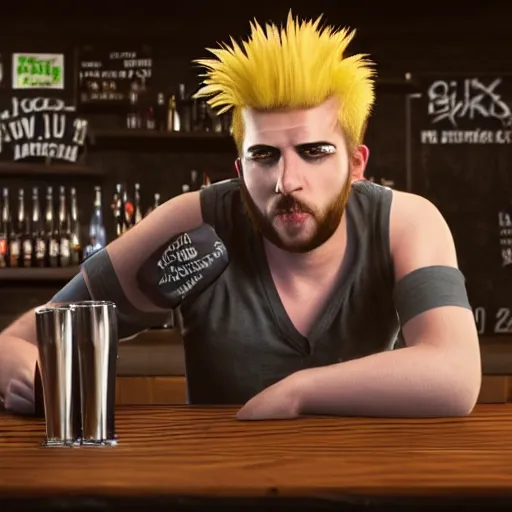 Prompt: a punk rock guy serving beer at a bar, blond hair, cap, sleeveless, nose ring, digital illustration, comic, highly detailed, octane render, volumetric lighting, vibrant,