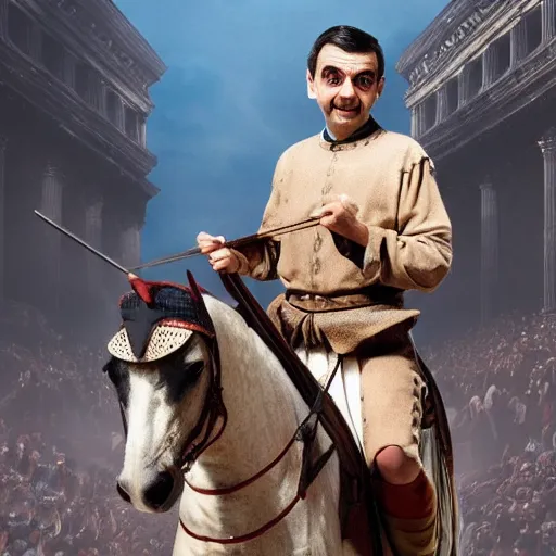 Image similar to mr bean as epic ancient roman horse riding cesar, movie poster, 8 k hd,