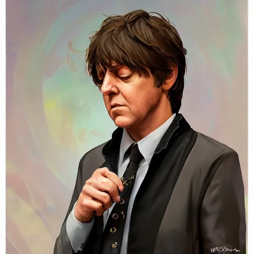 Image similar to Steven Moriseey as Paul McCartney, body portrait, highly detailed, digital painting, artstation, concept art, sharp focus, illustration, art by WLOP and greg rutkowski and alphonse mucha and artgerm