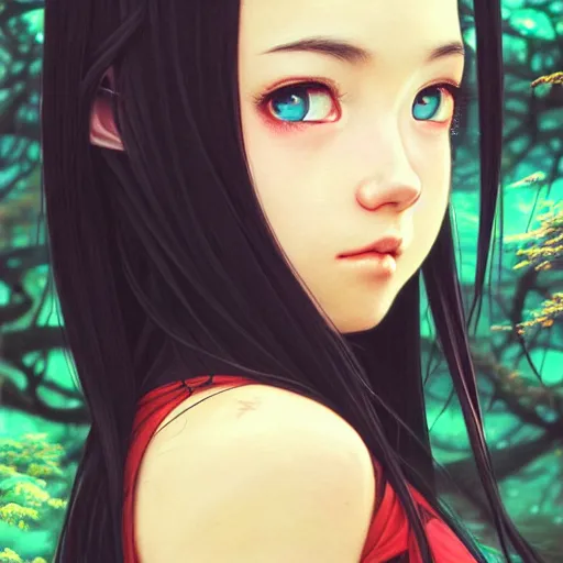 Image similar to a beautiful girl with long dark hair, wearing a ninja uniform, forest background, fantasy, intricate, highly detailed, digital painting, artstation, official media, anime key visual, concept art, rich vivid colors, ambient lighting, sharp focus, illustration, art by Artgerm, Makoto Shinkai, Ilya Kuvshinov, Lois Van Baarle, and Rossdraws