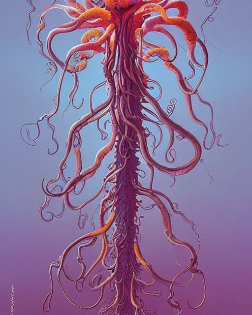 Image similar to scientific botanical illustration of beautiful alien plants with glowing parts, with slimy tentacles, trending on artstation, by james jean and simon stalenhag and zdzisław beksinski