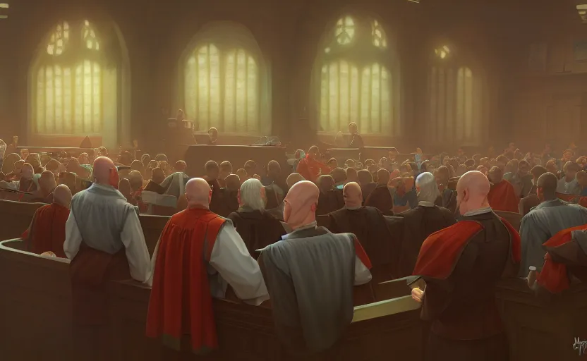 Image similar to the courtroom, close up a bald man in a skirt, no blur, 4 k resolution, ultra detailed, style of marc simonetti, tyler edlin, deviantart