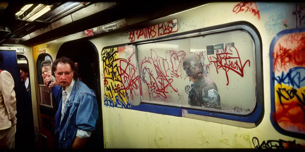 Image similar to new york subway cabin 1 9 8 0 s inside all in graffiti, policeman closeup, coloured film photography, christopher morris photography, bruce davidson photography