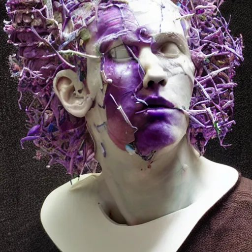 Prompt: an abstract sculpture by david altmejd in purple wax floating in jean prouve design