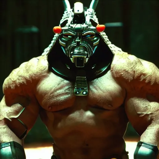 Image similar to big, fierce, muscular, very buff, very strong, cybernetic cyber sci-fi samurai wearing an oni mask. Movie still hd