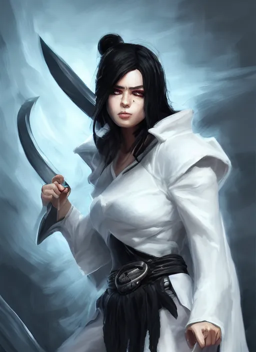 Image similar to a highly detailed illustration of fierce messy ponytail black haired one armed delinquent woman wearing white cap wearing long white coat cape, dramatic wielding sword pose, muscular, intricate, elegant, highly detailed, centered, digital painting, artstation, concept art, smooth, sharp focus, league of legends concept art, wlop.