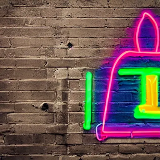 Image similar to a neon rainbow darth vader as grafitti on a brick wall.