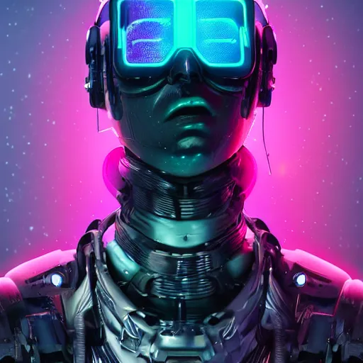 Image similar to cyberpunk concept humanoid bot, cinema 4 d, galaxy, ufo, space sci - fi, wearing vr goggles, illustration, portrait, pastel neon textured background night, trending on artstation, greg rutkowski, octane rendered, 1 2 k, detailed,