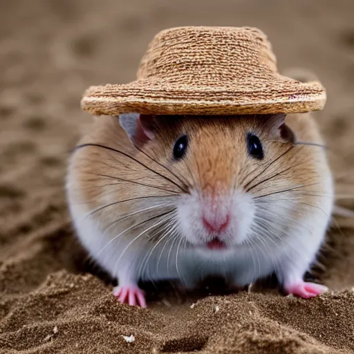 Prompt: a hamster relaxing in the sand on the beach and wearing a sombrero, close up, dslr photo