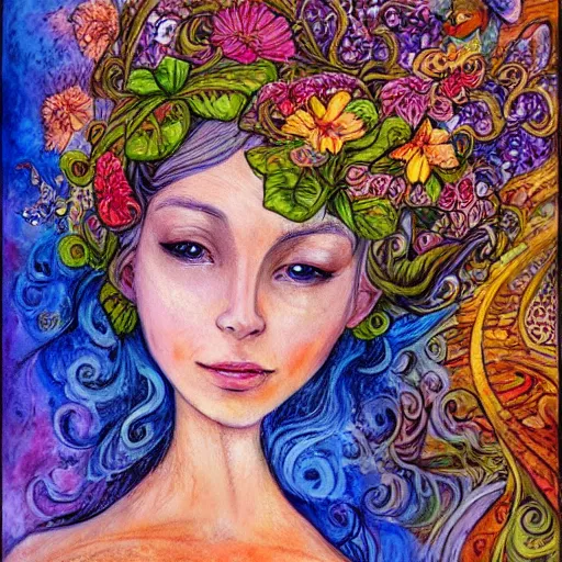 Prompt: a painting of a a woman with flowers in her hair, a storybook illustration by josephine wall, watercolor, deviantart, metaphysical painting, storybook illustration, detailed painting, whimsical, psychedelic art