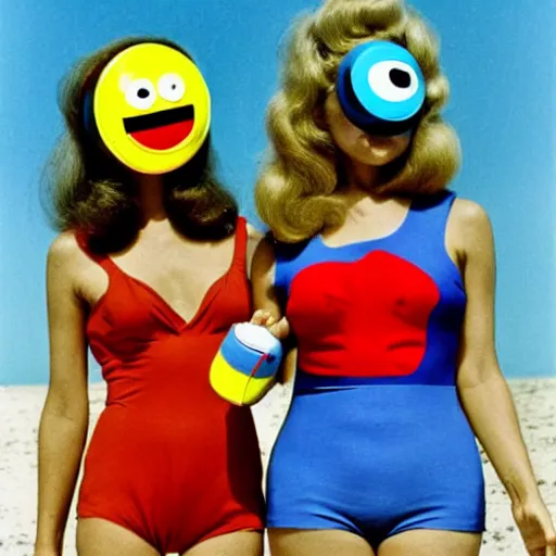 Image similar to 1969 twin women on tv show wearing an inflatable smiley mask with googly eyes, technicolor wearing a swimsuit at the beach 1969 color film 16mm holding a hand puppet Fellini John Waters Russ Meyer Doris Wishman