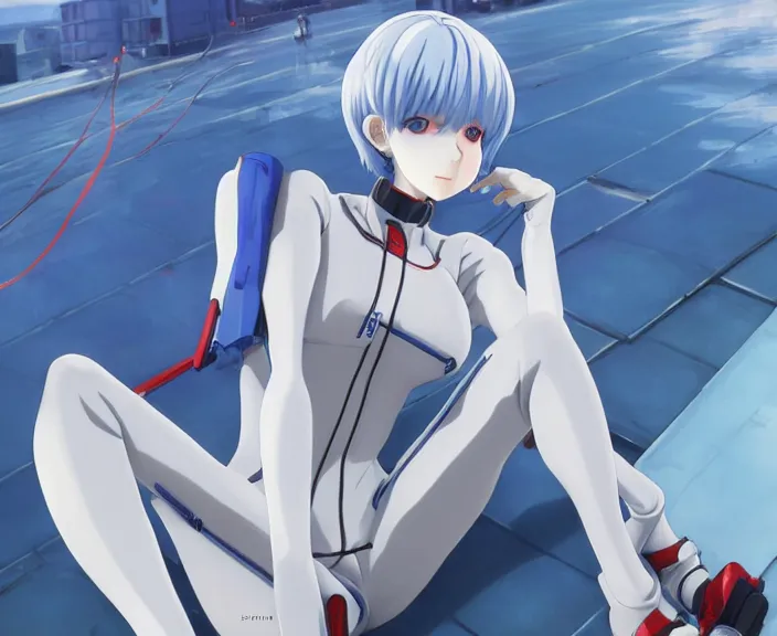 Image similar to anime art, fullbody shot of female rei ayanami, evangelion, long blue hair and large eyes, finely detailed perfect face, in a pale skintight plugsuit, sitting on rooftop, flooded city, trending on pixiv fanbox, by ilya kuvshinov, sola digital arts,, raytracing