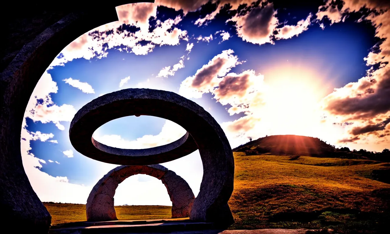 Image similar to round stargate made of stone, cinematic view, epic sky