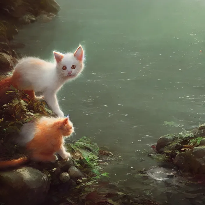 Image similar to a painting of a cute kitten at a river. character design by cory loftis, fenghua zhong, ryohei hase, ismail inceoglu and ruan jia. volumetric light, detailed, rendered in octane