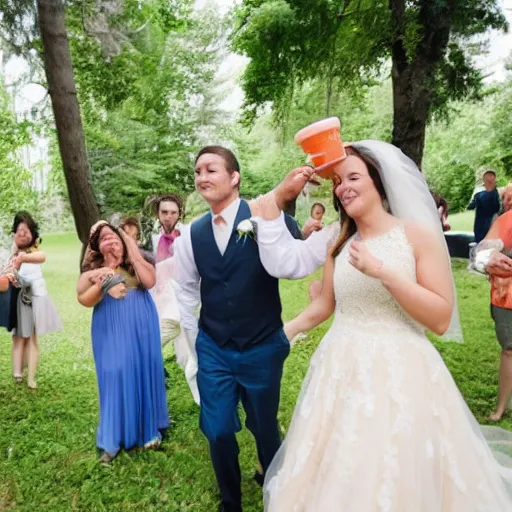 Prompt: a man brings a tupperware of macaroni to a wedding