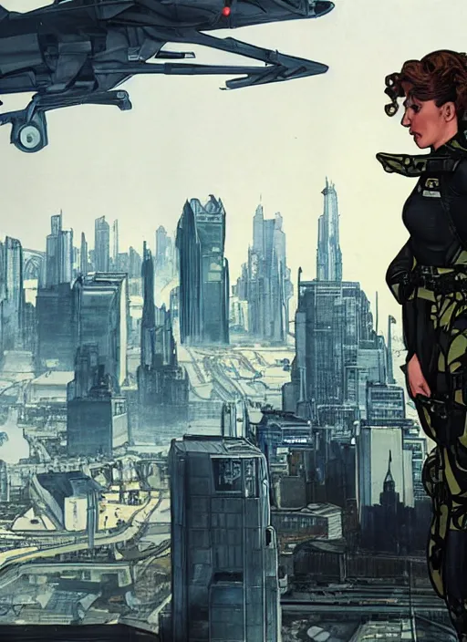 Image similar to Selina. USN special forces operator looking at city skyline. Agent wearing Futuristic stealth suit. rb6s Concept art by James Gurney, Alphonso Mucha.