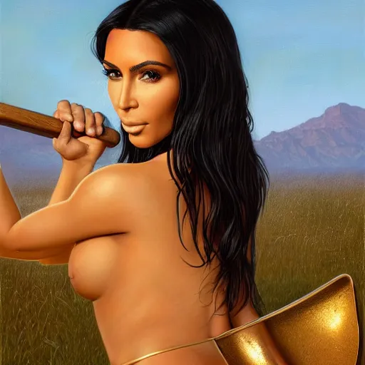 Image similar to clear portrait of kim kardashian holding a golden shovel, golden hour background, cottagecore!!, hyper detailed, character concept, full body, dynamic pose, intricate, elegant, highly detailed, digital painting, artstation, concept art, smooth, sharp focus, illustration, art by artgerm and greg rutkowski and alphonse mucha