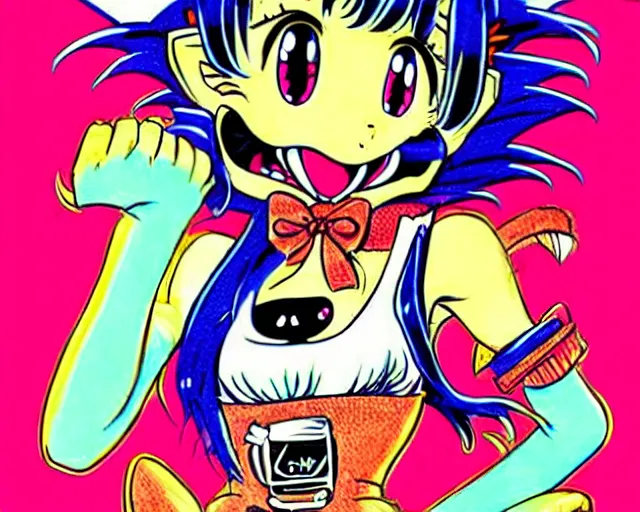 Image similar to high - quality anime catgirl in ratfink style by ed roth, crazy bulging eyes janky teeth riding in a hot rod, road rage, inspired by naoko takeuchi 8 0 s bishoujo anime, vhs filter