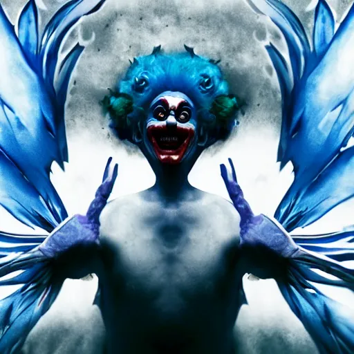 Image similar to 4K headshot of godlike clown with blue skin with defined arms and open hands and bloody clothes with giant mandala wings , white intricate scary clown makeup , flawless anime cel animation by Kentaro Miura, psychedelic , highly detailed upper body , professionally post-processed , beautiful, scary, symmetry accurate features, epic, octane rendered, anime masterpiece, accurate