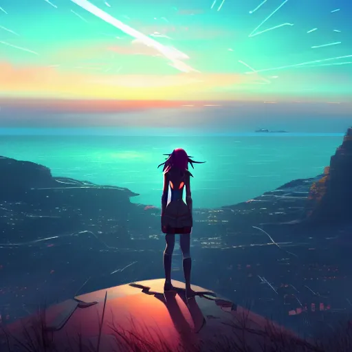 Prompt: A cyborg girl standing on the hill looking at the sea with a sunset in style of Makoto Shinkai and Cyberpunk. ArtStation, 8K, Highly Detailed, Intricate, Album Art.