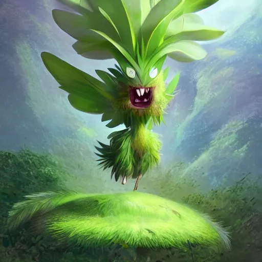 Image similar to a cute beautiful plant type pokemon with smile, green feathers bursting out of his hair, full body portrait, highly detailed digital art, 3 d perspective, award - winning illustration, aesthetic, smooth, pokemon style, made by greg rutkowski, with an alien landscape in the background