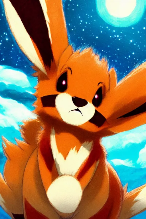 Image similar to An Eevee fox lying on a red carpet, poster art by Ken Sugimori, featured on Pixiv, furry art, anime aesthetic, poster art, 2d