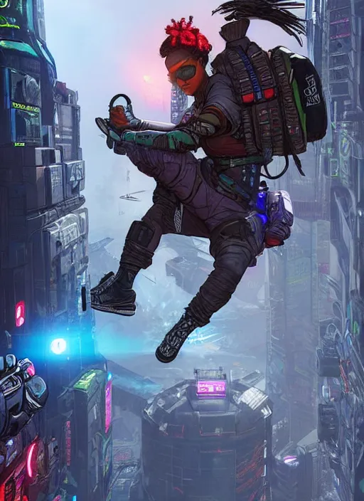 Image similar to apex legends cyberpunk free runner. concept art by james gurney and mœbius. gorgeous face, cinematic, dramatic lighting ( cyberpunk 2 0 7 7 ), clean aesthetic