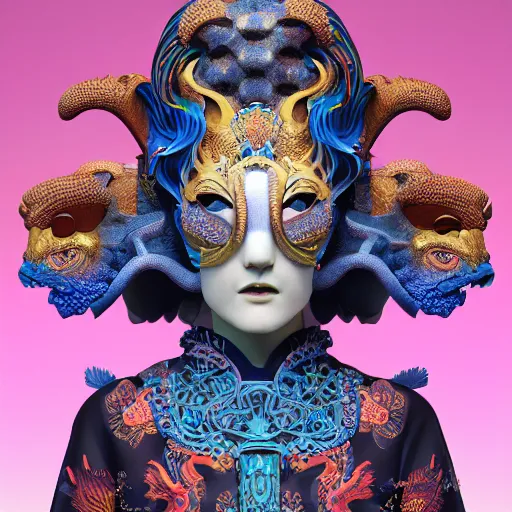 Image similar to 3 d goddess close - up profile portrait russian with ram skull. beautiful intricately detailed japanese crow kitsune mask and clasical japanese kimono. betta fish, jellyfish phoenix, bio luminescent, plasma, ice, water, wind, creature, artwork by tooth wu and wlop and beeple and greg rutkowski