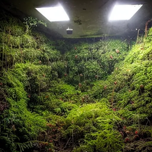 Image similar to abandoned, overgrown, underground bunker, room with mutated sundew plants, beautiful, underground