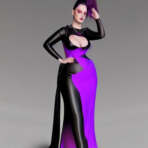 Image similar to curvy feminine hot goth cutie with sublime modest elegant patterned violet-black snakeskin leather neck-high gown, cgsociety, photorealistic, comfy ambience, idealistic, 16k, smooth, sharp focus, trending on ArtStation, volumetric lighting, fully clothed, worksafe