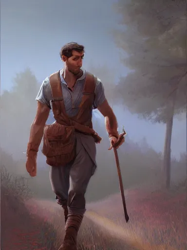 Image similar to a youthful handsome man walking in a rural area holding a staff. intricate, elegant, highly detailed, digital painting, artstation, concept art, sharp focus, illustration, by justin gerard and artgerm, 8 k