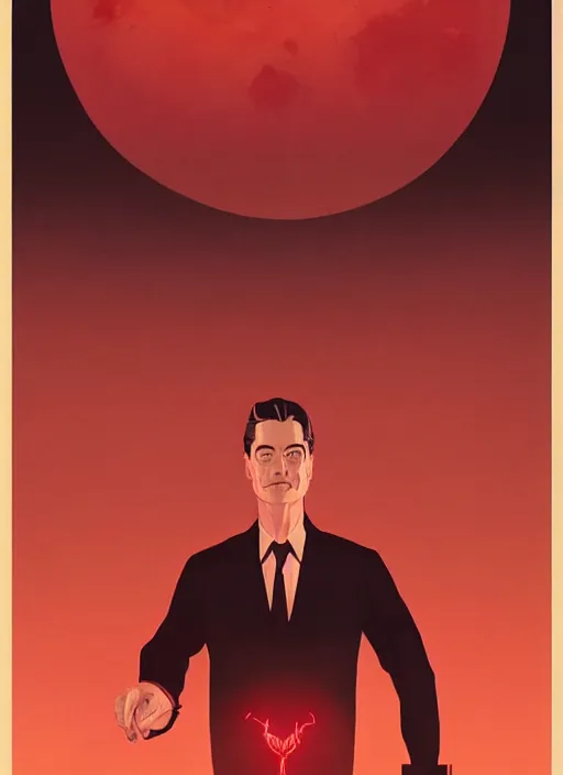 Image similar to Twin Peaks movie poster artwork by Michael Whelan and Tomer Hanuka, Rendering of Kyle MacLachlan gazing at the Blood moon tentacles, from a scene from Twin Peaks, clean, full of detail, Matte painting, trending on artstation and unreal engine
