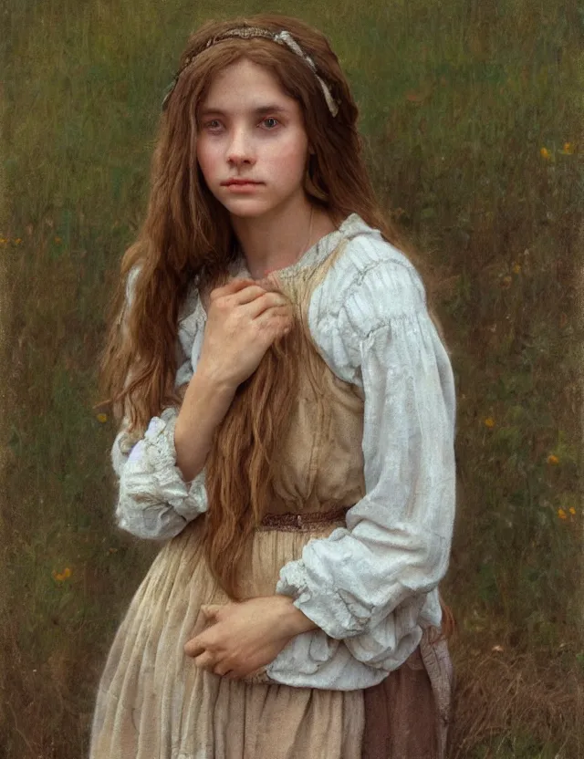 Prompt: shy and modest peasant girl long hair portrait, cottage core, cinematic focus, polaroid photo bleached vintage pastel colors high - key lighting, soft lights, foggy, by steve hanks, by lisa yuskavage, by serov valentin, by tarkovsky, 8 k render, detailed, oil on canvas