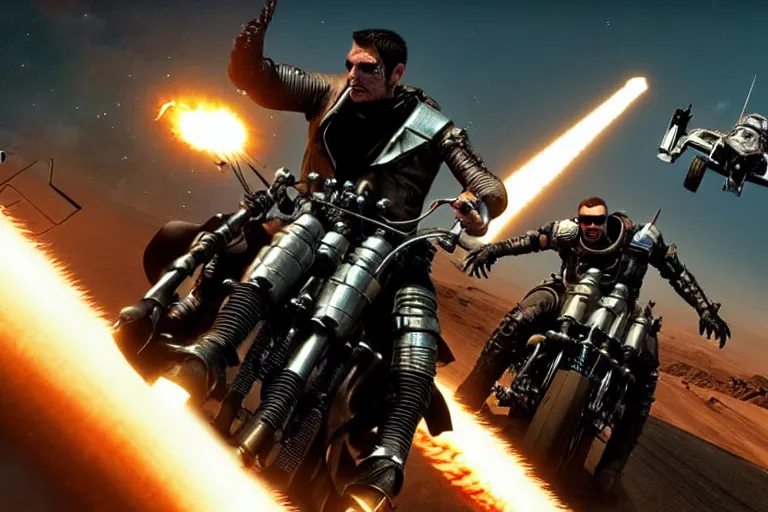 Image similar to mad max riding his Interceptor in space, fighting mutants on space bikes, action-scene, very detailed, high octane