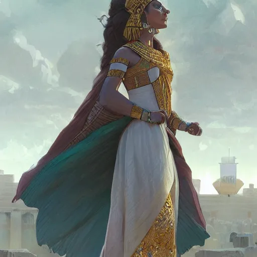 Image similar to A well dressed sumerian woman in a major Mesopotamian city, highly detailed, digital painting, artstation, concept art, sharp focus, illustration, cinematic lighting, art by artgerm and greg rutkowski and alphonse mucha