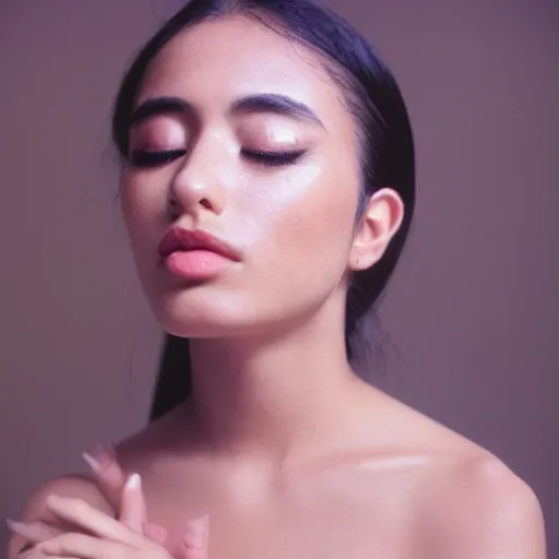 Image similar to Portrait photo of model Raquel Juarez posed in profile, eyes closed, natural makeup, studio lighting, highly detailed, cinestill 800t