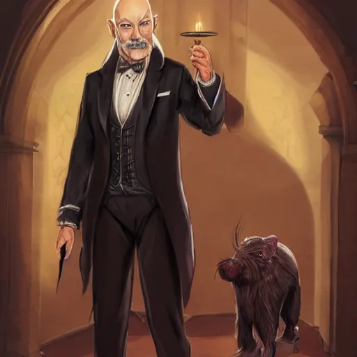 Image similar to older fantasy butler that looks similar to michael kane and patrick stewart, full body portrait, handsome, well groomed mustache, detailed, magic the gathering art style, balding, well dressed, pet rat on shoulder