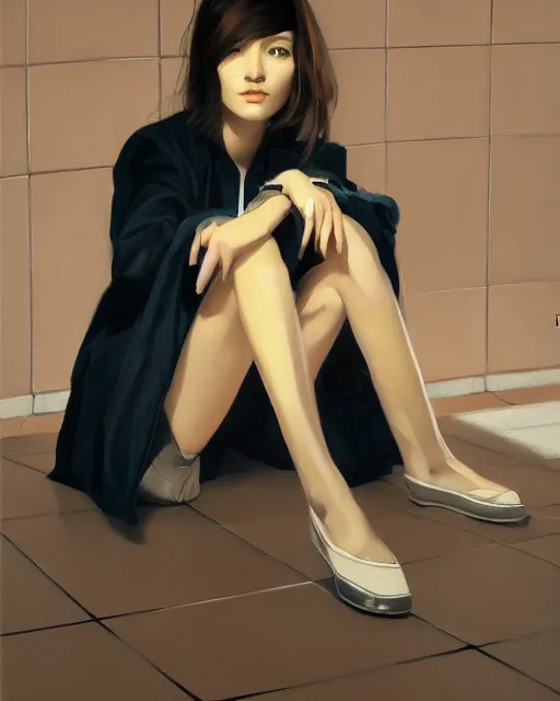 Prompt: a ultradetailed beautiful panting of a stylish woman sitting on the floor in a tiled room, she is wearing an oversized jacket, night time, oil painting, by ilya kuvshinov, greg rutkowski and guweiz