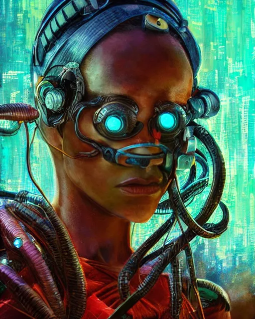 Image similar to muted, african plains, a cyberpunk close up portrait of cyborg medusa, electricity, snakes in hair, sparks, bokeh, soft focus, skin tones, warm, sky blue, daylight, by paul lehr, jesper ejsing