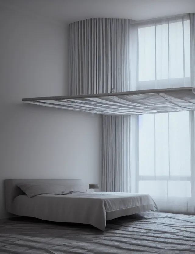 Prompt: an ultra wide angle photo of a floating bed hovering above the floor in the middle of a giant tesselating bedroom with windows opening to other worlds, photorealistic, octane render, recursive!!!!, flowing, cascading, multiverse!!!!!!, labyrinthine