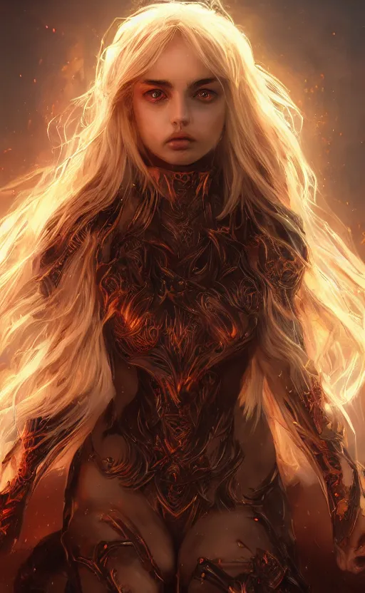 Prompt: blond girl archfiend at the fiery pits of hell, flawless symmetrical pretty cute face, ana de armas, greg rutkowski, 8 k, shallow depth of field, intricate detail, concept art,