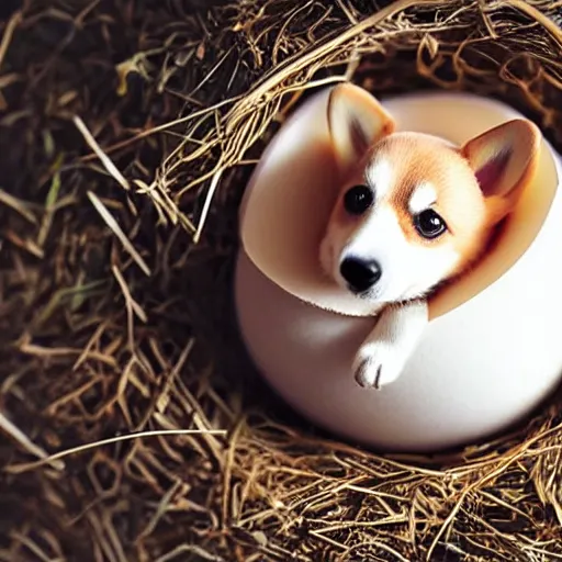 Image similar to a baby corgi emerging from an egg in a nest, photography, photorealistic