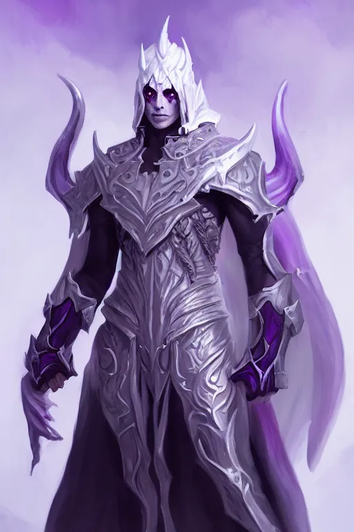 Prompt: human male demon, full body white purple cloak, hero, heavy warlock armor, character concept art, costume design, black eyes, white horns, trending on artstation, Artgerm , WLOP