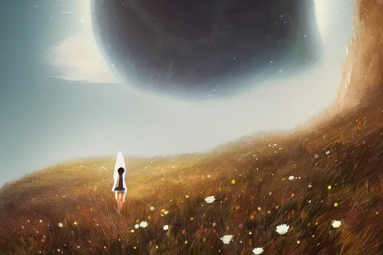Image similar to giant white daisy flower as head, girl walking on cliff, surreal photography, solar eclipse, milky way, dramatic light, impressionist painting, clouds, digital painting, artstation, james gilleard, liam wong, jeremy mann, simon stalenhag