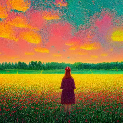 Prompt: vast flower face, girl standing in a flower field, surreal photography, sunrise dramatic light, impressionist painting, colorful clouds, digital painting, pointillism, artstation, simon stalenhag